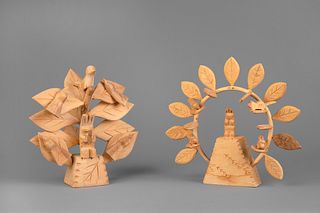 Cordova, New Mexico, Two Carved Wood Trees of Life, ca. 1980