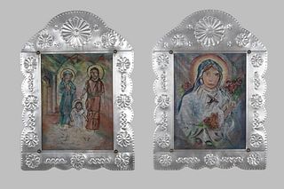 Eliseo Rodriguez, Group of Two Reverse Painted Glass and Tin Retablos