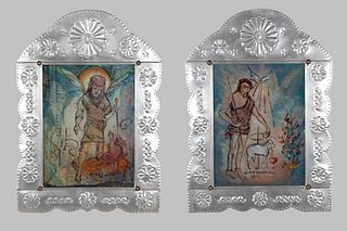 Eliseo Rodriguez, Group of Two Reverse Painted Glass and Tin Retablos