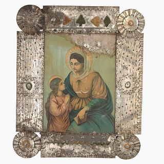 New Mexico, Tin Frame with Devotional Print, ca. 1880