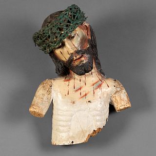 Spanish Colonial, Mexico, Polychrome Cristo Bust Fragment, 19th Century