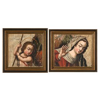Spanish Colonial, South America, Two Religious Painting Fragments, 18th-19th Century