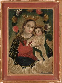 Spanish Colonial, Retablo of Madonna and Christ Child, 19th Century