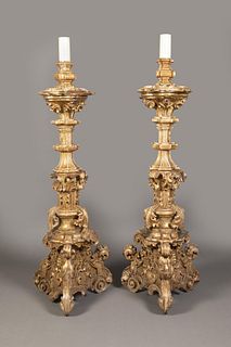 Spanish Colonial, Mexico, Pair of Large Gilt Blandones Candlesticks, 17th-18th Century