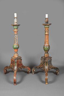 Spanish Colonial, Peru, Pair of Large Polychrome Blandones Candlesticks, 18th Century
