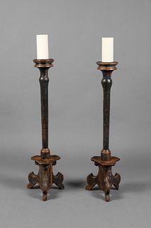 Spanish Colonial, Mexico, Pair of Painted Wood Candlesticks, 18th Century