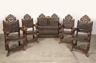 Spanish Colonial, Peru, Banca Bench and Four Chairs, 17th-18th Century