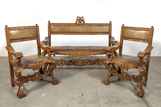 Spanish Colonial, Mexico, Banca Bench and Two Chairs, Early 18th Century