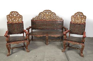Spanish Colonial, Peru, Banca Bench and Two Chairs, 17th-18th Century