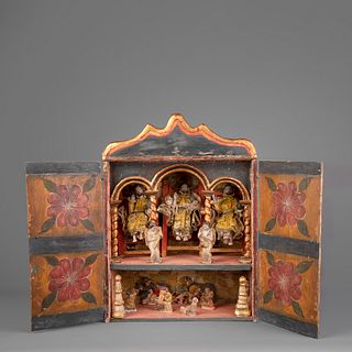 Spanish Colonial, Bolivia, Carved Painted Wood Nicho with Figures, Late 19th Century