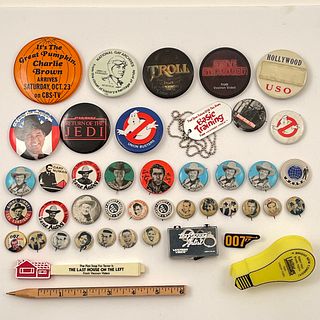 40 Vintage Hollywood Film and TV Promo and Button Lot