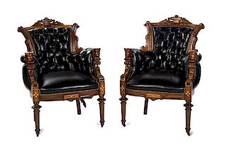 * A Pair of American Victorian Gilt and Black Lacquered Burlwood Armchairs, Height 41 1/2 inches.
