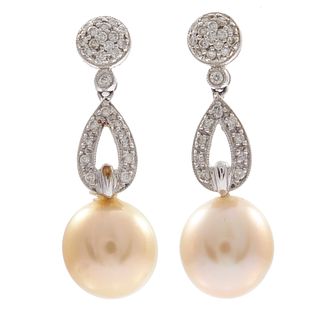 Pair of Cultured Pearl, Diamond, 18k Earrings