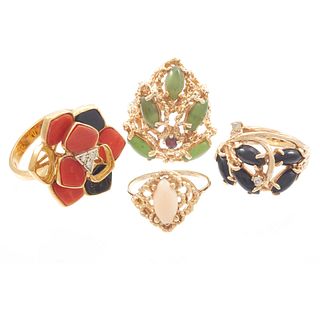 Collection of Coral, Nephrite, Onyx Yellow Gold Rings