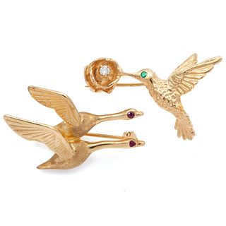Collection of Two Diamond, Ruby, Emerald 14k Bird Pins