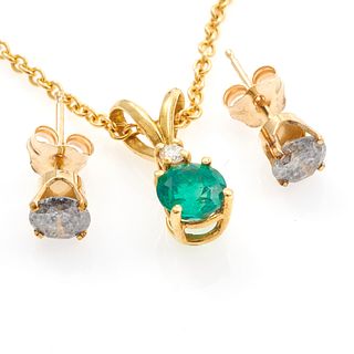Emerald, Diamond, 14k Necklace and Earrings