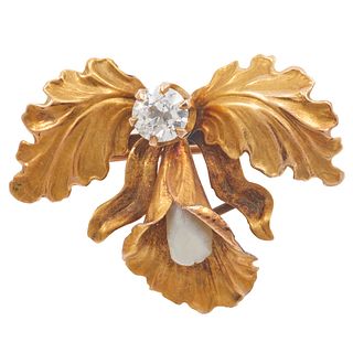 Art Nouveau Diamond, Pearl, 10k Iris Pin