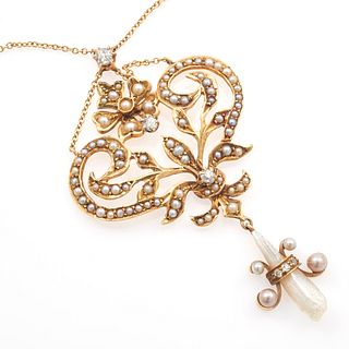 Art Nouveau Diamond, Seed Pearl, 14k Necklace