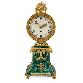 American Empire Style Malachite and Gilt Mantle Clock
