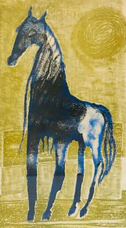 Mid-Century Abstract Print, Blue Horse