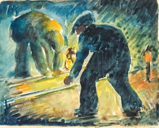 WPA Period Watercolor, Railroad Workers