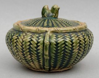 Chinese Basket Weave Green Pottery Covered Jar