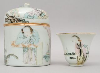 Chinese Erotic Porcelain Tea Caddy with Cup