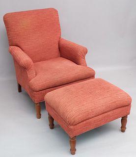 Red Upholstered Club Chair and Hassock