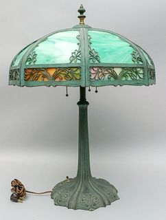 Arts & Crafts Bronze & Slag Glass Lamp