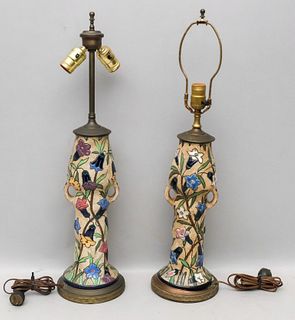 Pair of Floral Art Pottery Vases, Now Lamps