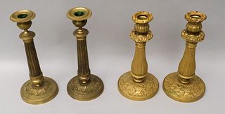Lot 2 Pairs Empire Style Gilt Metal Candlesticks