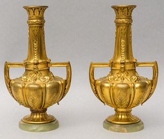 Pair of Dore Bronze Onyx French Empire Vases