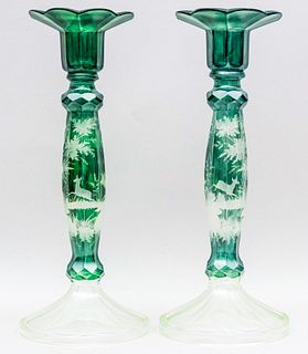 Old Pair of Green Cut to Clear Glass Candlesticks