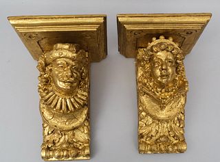 Pair Gilt Carved Elizabethan Style Wall Brackets
