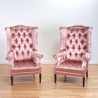 Pair Hollywood Regency tall back wing chairs
