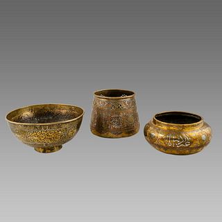 Middle Eastern Islamic Syrian Silver inlaid on Brass Bowls (3).