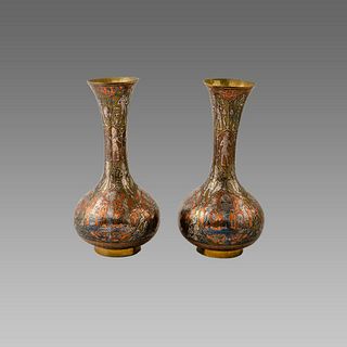 Pair of Mamluk Revival, Syrian Silver Inlaid on Brass Vases. 