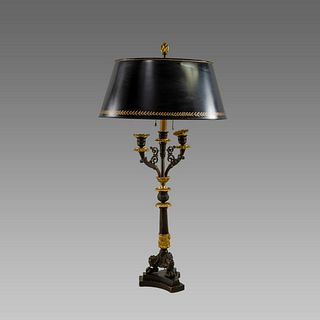 19th Century French Empire Style Bronze Column Candelabra Two-Light Table Lamp.
