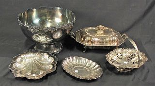 MIXED LOT OF FIVE SILVER PLATED SERVING PIECES