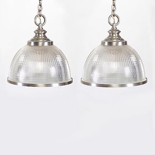 Pr. French Industrial style Holophane chandeliers
