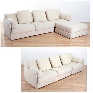 Pair De Sede wool upholstered sofas and ottoman