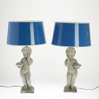 Pair cast stone figural cherub table lamps