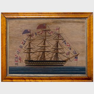 English Woolwork Picture of a Battleship with Flags