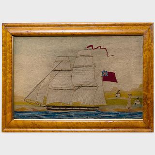 English Woolwork Picture of a Schooner with a Lighthouse