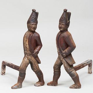 Pair of Painted Iron Hessian Soldier-Form Andirons