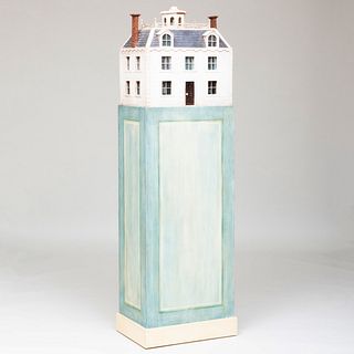 Painted Wood Model of a House on Pedestal
