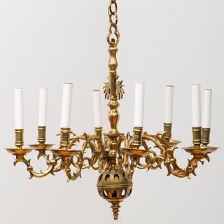 Continental Engraved Brass Eight-Light Chandelier