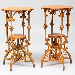 Two Heywood and Wakefield Oak and Wicker Stands