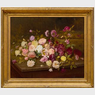 American School: Basket of Roses on a Table
