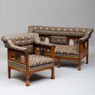 Aesthetic Movement Fruitwood and Ebonized Settee and Armchair